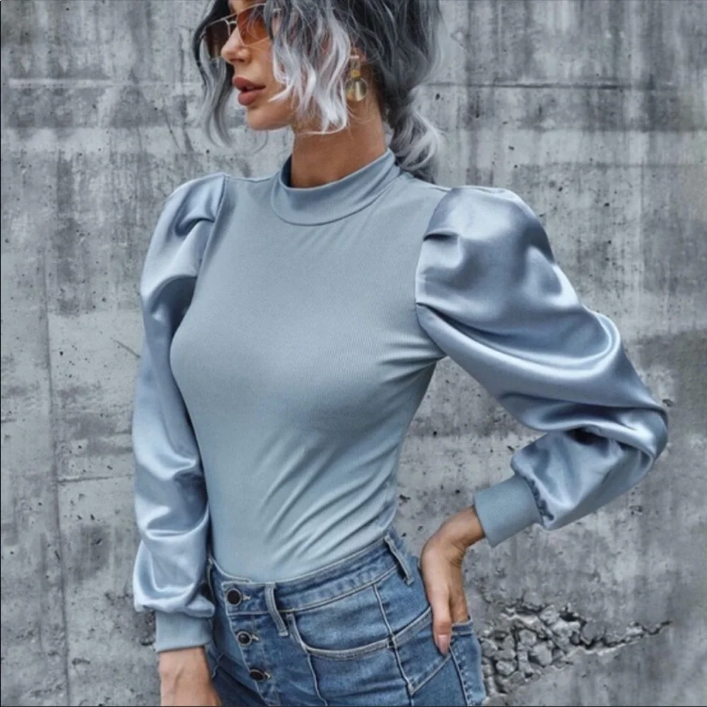 Ribbed Long Sleeve Puff Top- Dusty blue